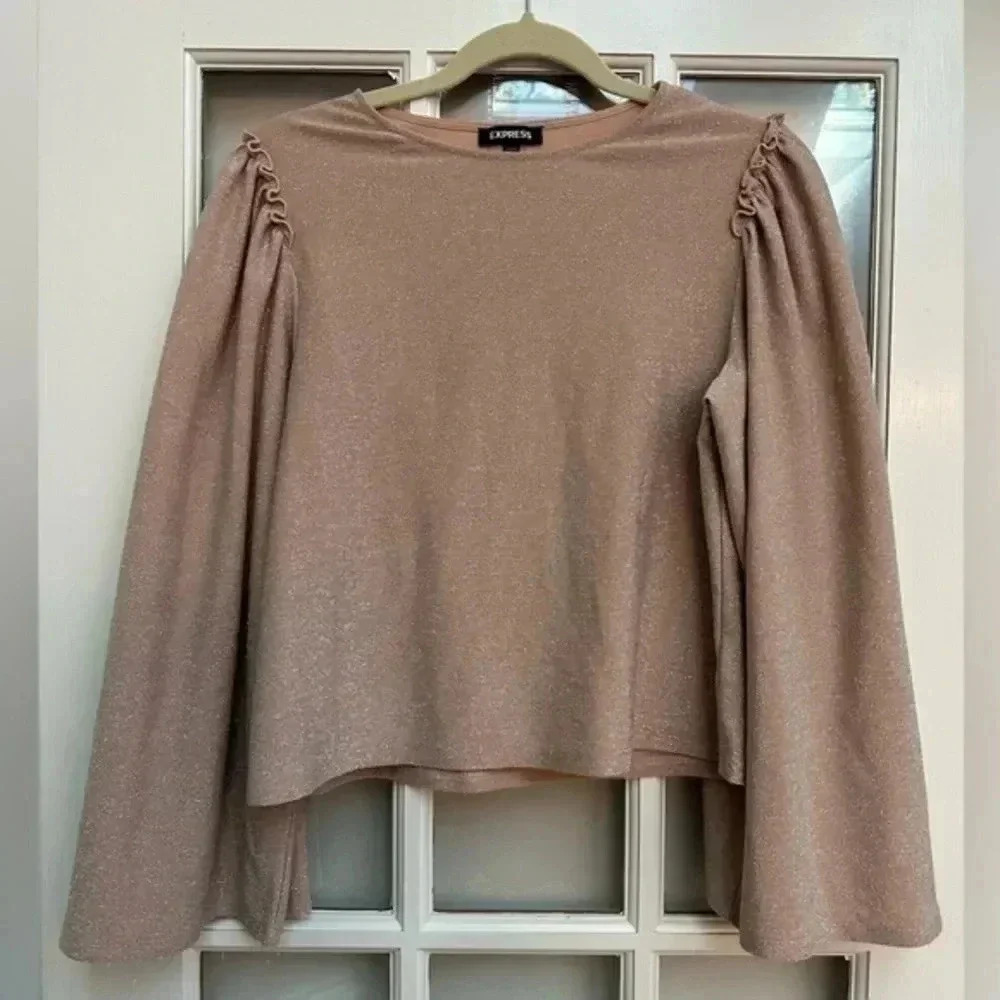 Express | Y2K Blush Pink Ruffle Metallic Sparkle Shimmer Blouse Size S Small